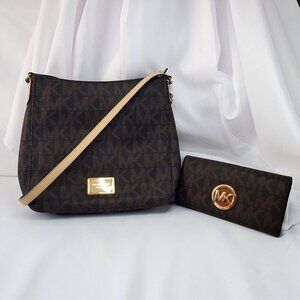 Michael Kors Brown Signature MK Monogram Crossbody Bag & Matching Wallet Set